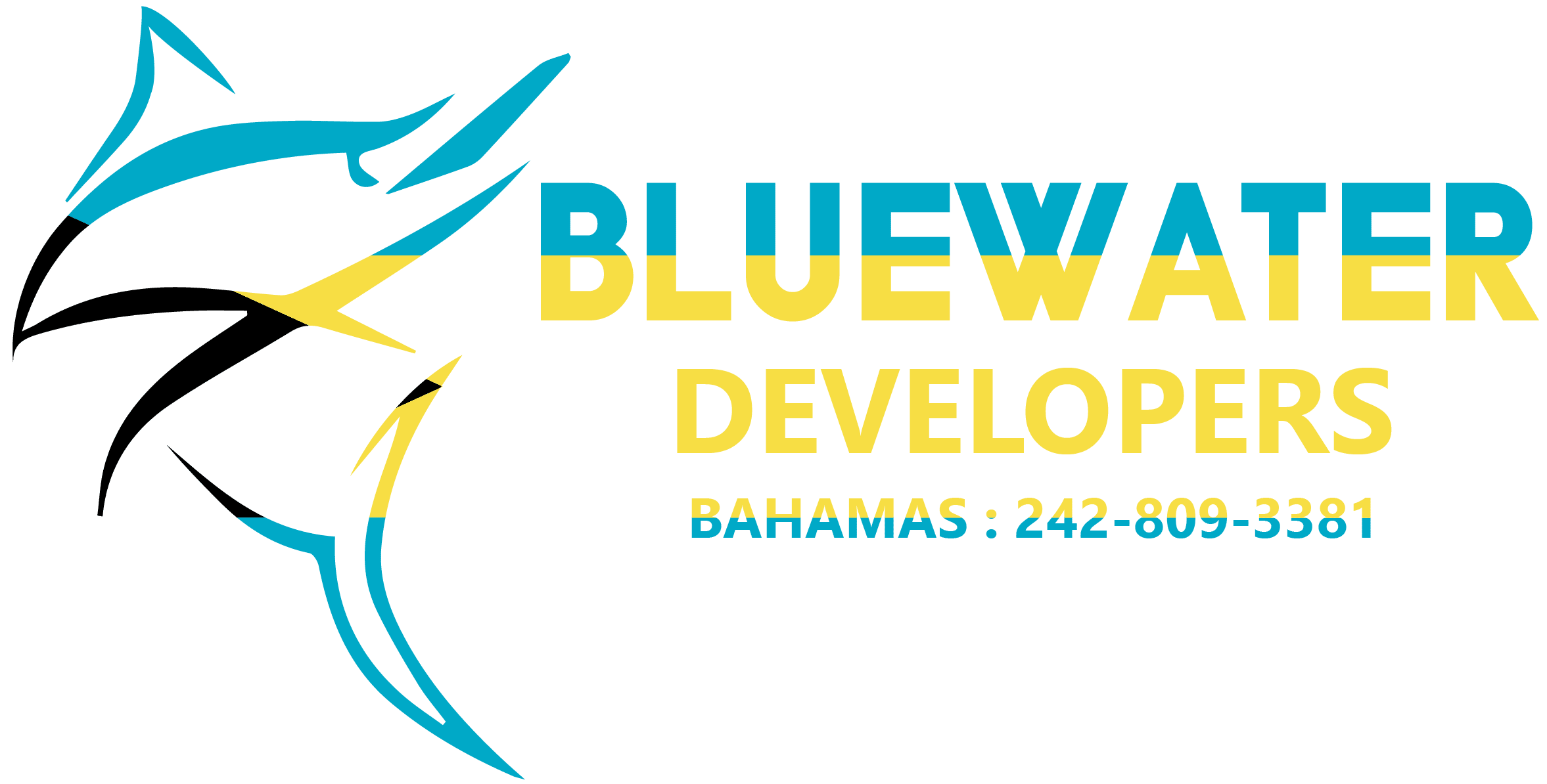 Bluewater Developers logo with a stylized fish design in blue and yellow. Text reads, "Bluewater Developers, Bahamas: 242-809-3381.